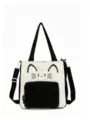 Canvas cat tote bag black white colorblock crossbody shoulder bag cute school bookbag - With Pendant / Black