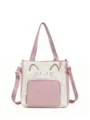 Cute cat ear tote bag, pink and white color block large capacity shoulder bag for girls daily use. - With Pendant / Pink