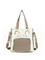 Cute cat canvas tote bag color block crossbody shoulder bag for women daily commute casual school - With Pendant / Khaki