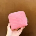 Pink genuine leather crocodile pattern coin purse zipper card holder for women mini wallet. - Sakura Pink