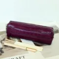 Purple crocodile texture leather cosmetic pouch pencil bag zip storage organizer chic case - 20x6x5cm / Sea Anemone Purple