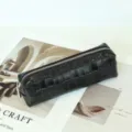 Black crocodile pattern cowhide leather makeup bag, zipper pencil case and daily storage pouch. - 20x6x5cm / Black
