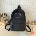 Zaino nero in tela dallo stile coreano minimalista con ricamo a cuore bianco per la scuola. - 30x13x40cm / Nero
