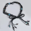 Bohemian braided waist chain detail, black rope with turquoise stones and wooden beads ornament - Black
