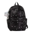 Zaino scolastico nero con stampa di stelle e ciondolo in peluche carino, casual da donna. - Nero