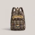 Vintage plaid teddy bear cartoon backpack student casual large capacity school bag - Dark Brown