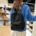 Zaino in velluto a coste nero da donna, grazioso fiocco borsa da scuola casual giornaliera. - Taglia unica / Nero