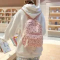 Zaino in velluto a coste rosa con grazioso motivo a fiocco e cuore, borsa casual da scuola. - Taglia unica / Rosa