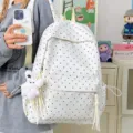 Zaino a pois carino per donna, elegante borsa da scuola casual in tela con grande capacità e stile. - con portachiavi / Bianco