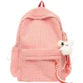 Zaino scolastico a quadri rosso e bianco da donna, grande capacità, borsa da viaggio casual. - con portachiavi / Rosso
