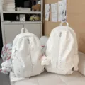Zaino con motivo a stella carino stile coreano, borsa scolasca casual di grande capacità per donne - con portachiavi / Bianco Grande