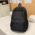 Black and white polka dot backpack for women, large capacity casual school bag for daily use. - Black