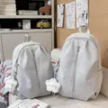 Zaino scolastico casual a stelle grigie con ciondolo gatto peluche per studenti e uso quotidiano - con portachiavi / Grigio Grande