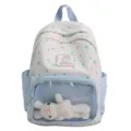 Zaino casual con stampa di stelle, tasca frontale in rete trasparente e peluche di coniglio. - Blu