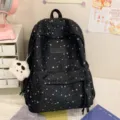 Zaino in tela con stampa di stelle stile coreano, grande borsa scolastica per ragazze. - con portachiavi / Taglia L / Nero