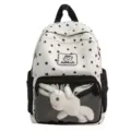 Zaino bianco con stampa di stelle, scomparto itabag trasparente e adorabile coniglietto peluche. - Bianco