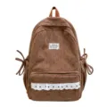 Brown corduroy backpack for women, sweet floral polka dot schoolbag with cute white lace trim. - Brown