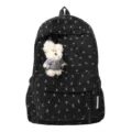 Zaino in corduroy nero con stampa fiocco e simpatico ciondolo orsetto per scuola e tempo libero. - con portachiavi / Nero