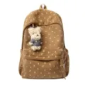 Zaino in velluto a coste marrone con stampe fiocco e ciondolo cucciolo di peluche. - con portachiavi / Caffè