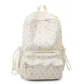 Zaino in velluto a coste con stampa floreale stile coreano da donna, delizioso bordo in pizzo. - Bianco