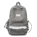 Zaino in corduroy grigio da donna, grazioso zainetto con stampa floreale e finiture in pizzo bianco. - Grigio