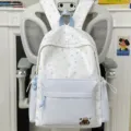 Zaino bianco carino in stile coreano con stampa di stelle blu e toppa di cucciolo. - Blu