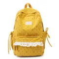 Zaino in corduroy giallo con stampa floreale, bordo in pizzo bianco e tasca frontale per studenti. - Giallo
