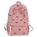 Pink corduroy backpack with sweet bow pattern and diamond quilting, stylish casual school bag. - Pink