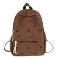 Brown corduroy backpack for women, cute bow print aesthetic school bag for daily casual use. - Brown