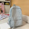 Sac à dos minimaliste unicolore style coréen pour femme grand format motif étoiles sac d'école - Bleu