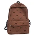 Brown corduroy backpack with diamond quilted pattern and cute bows for daily casual use. - Coffee