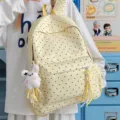 Zaino a pois carino stile coreano per donna, borsa scolastica casual con ciondolo coniglio. - con portachiavi / Giallo
