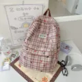 Zaino a quadri con orsetto carino stile coreano per donna stampa stella borsa scuola grande - Caffè