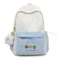 Zaino in stile coreano con stampa di orsetto di cartoni animati borsa scolastica casual - con portachiavi / bianco e blu