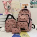 Cute pink corduroy backpack set with black bow print, aesthetic school bag and handbag for women. - One Size / Pink