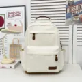 Zaino in tela tinta unita minimalista con dettagli in pelle marrone per la scuola. - Bianco