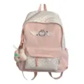 Sac à dos rose à pois avec broderie chat ange mignon et pendentif en peluche pour étudiante. - Rose