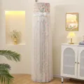 Detailed view of floral vertical air conditioner dust cover with elegant lace and white bow. - Universal for AC Height 180 / Flower Girl Princess Pink