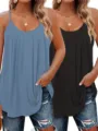 Plus size women solid pleated camisole vest detail view, comfortable summer top fashion. - 1XL / Set / Black + Sea Blue