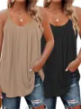 Plus size women solid color pleated camisole tank top, casual summer sleeveless top, 2pcs. - 1XL / Set / Black+Khaki
