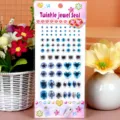 Details of acrylic rhinestone face stickers, assorted sizes and shapes like star, heart, and round. - Heart / Blue