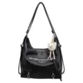 Black PU leather hobo shoulder bag convertible backpack with metal studs and cute bear charm. - Black