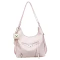 Pink PU leather shoulder bag with cute bear charm, stylish studded crossbody handbag for women - Pink
