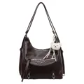 Dark brown stylish motorcycle shoulder bag with metal studs and a cute white bear plush pendant. - Coffee