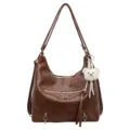 Brown PU leather hobo shoulder bag with rivets tassels and cute bear pendant for women. - Brown