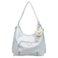 Light blue stylish shoulder crossbody bag featuring metal studs, zippers and cute bear charm. - Blue