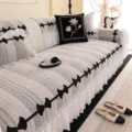 Chenille sofa cover with lace skirt and bow pattern, all-season anti-slip living room protector. - 70x70cm / Dark Coffee