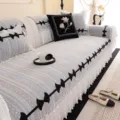 Chenille sofa cover four seasons universal anti-slip slipcover with lace skirt and bows. - 70x70cm / Blue