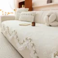 Beige floral embossed sofa cushion cover with elegant lace ruffle design home decor - 70*70cm / White