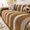 One-piece chenille sofa cover with brown geometric grid and elegant fringe tassels for living room. - 180*130cm / Dark Coffee